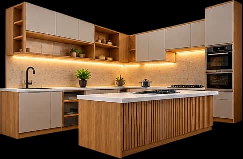 Ilustração de cozinha em MDF com ilha